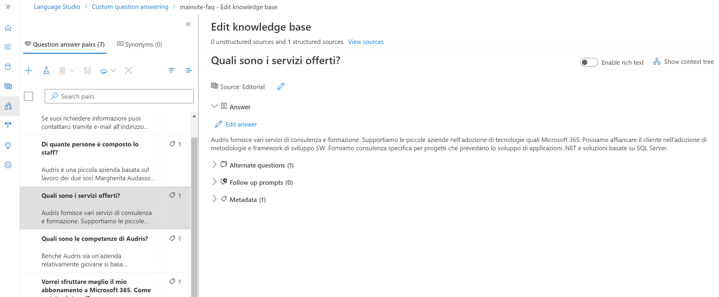 Language Studio - Edit Knowledge Base